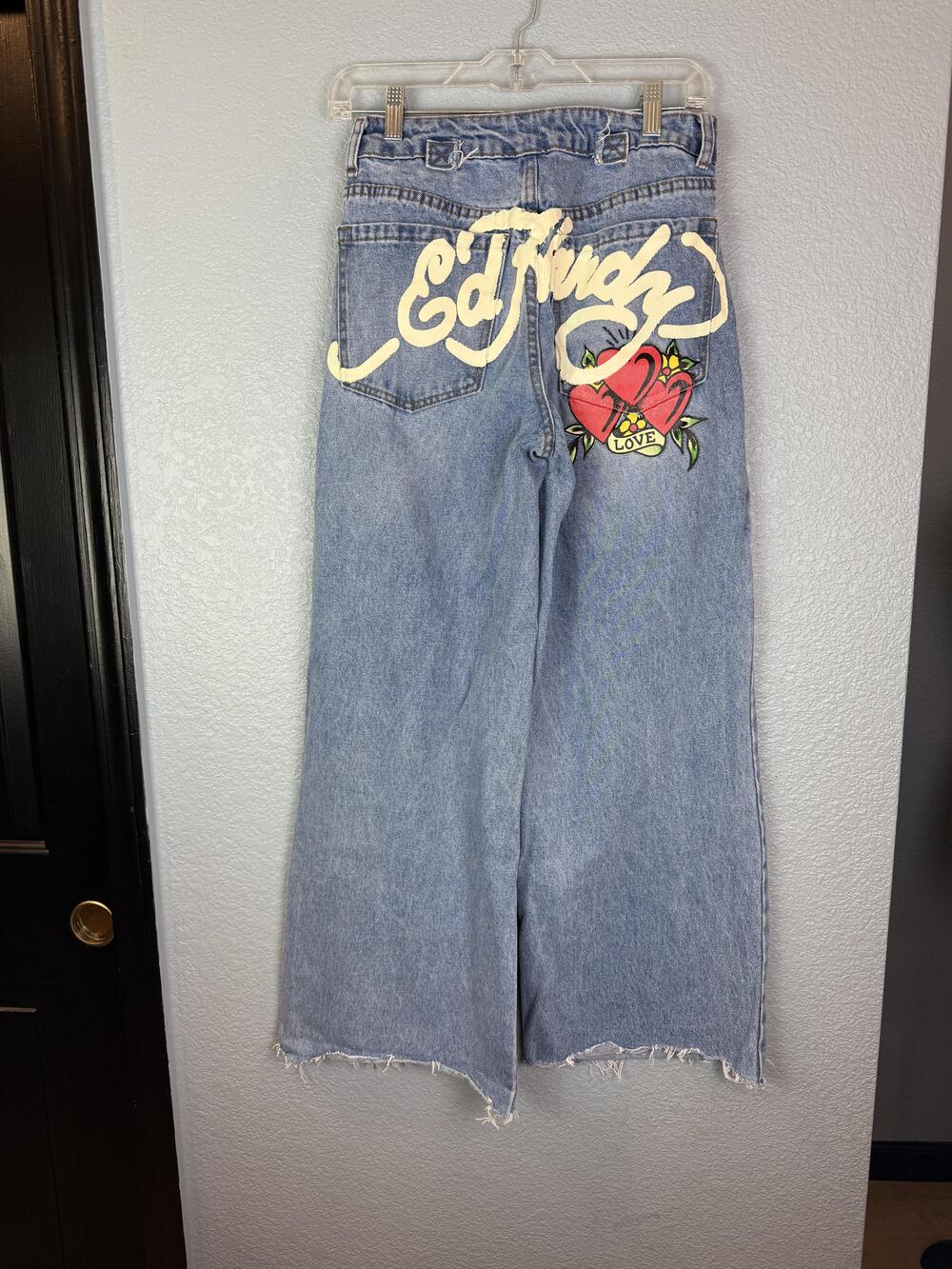 Ed Hardy Jeans Womens 26 Blue Wide Leg Raw Hem Embroidered Dagger Heart Y2K